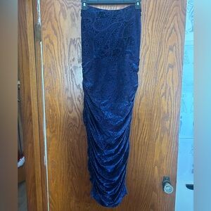 Strapless Burnout Velvet Navy Ruched Midi Dress